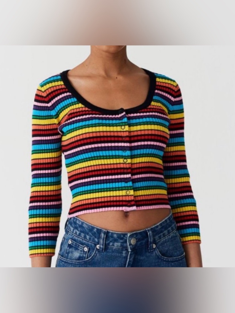 Lazy Oaf Rainbow Stripe Rib Knit Cardigan Top Colorful Y2K Cotton Size 8